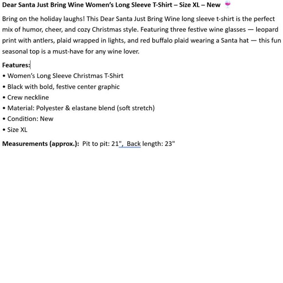 Dear Santa Just Bring Wine Women’s Long Sleeve T-Shirt – Size XL – New 🍷 - Picture 2 of 3